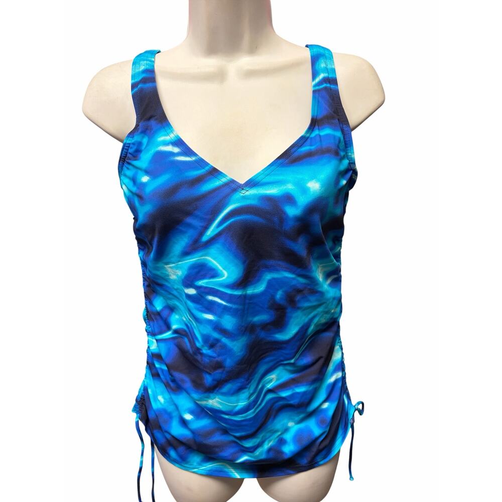 Lands’ End Blue Abstract Tankini Top Size 6 Ruched Swim Top - Picture 2 of 7